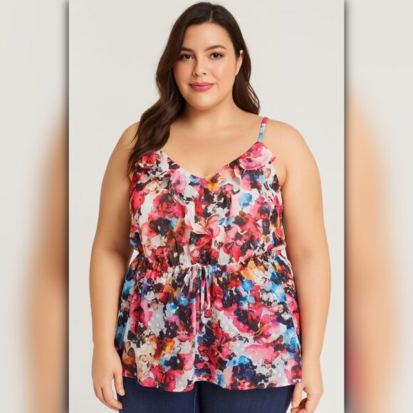 A357 ✽ Watercolor Floral Ruffle Peplum Cami Top - Picture 1 of 4